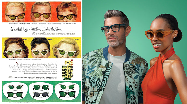 Side by side images of a vintage sunglasses advertisement and modern models wearing reading glasses and sunglasses on a green background.