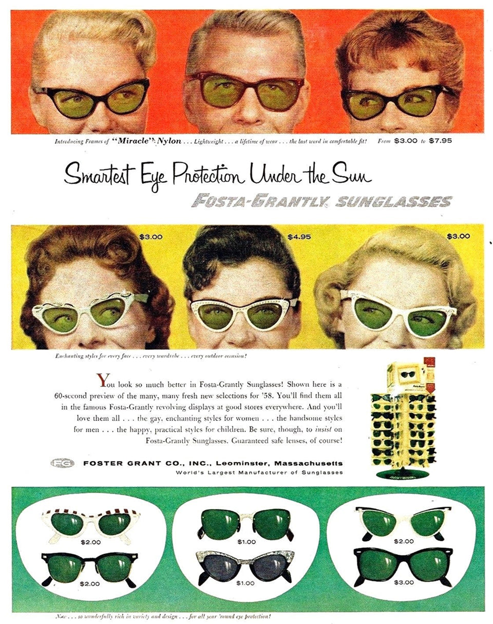 Vintage advertisement for Foster Grant sunglasses with images of people wearing sunglasses. Tagline: Smartest Eye Protection Under the Sun.